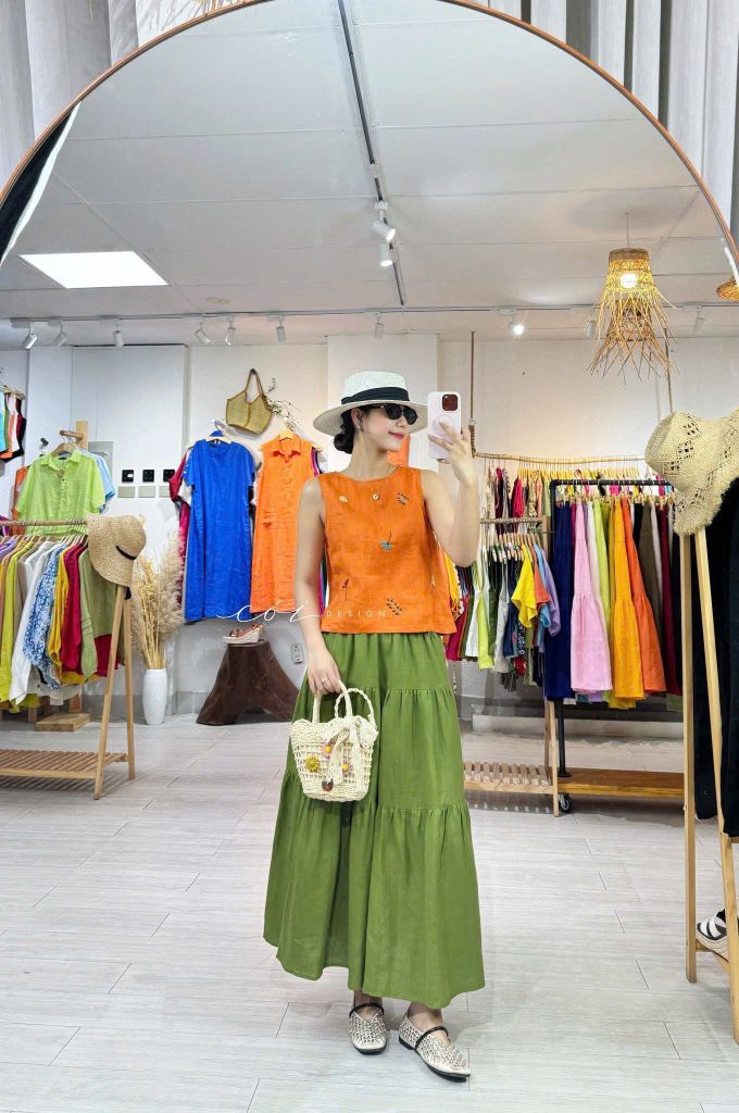 Áo thêu sát nách nút bọc Hoa Gió linen tưng premium Cói Design