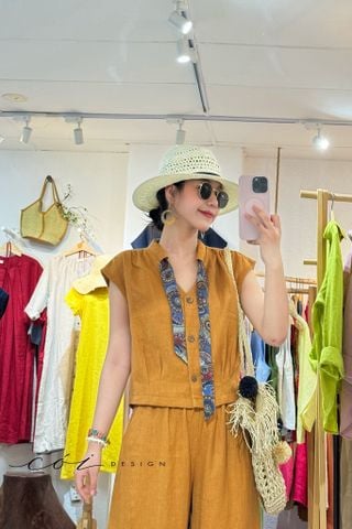 Áo sơ mi phối dây họa tiết linen tưng Cói Design