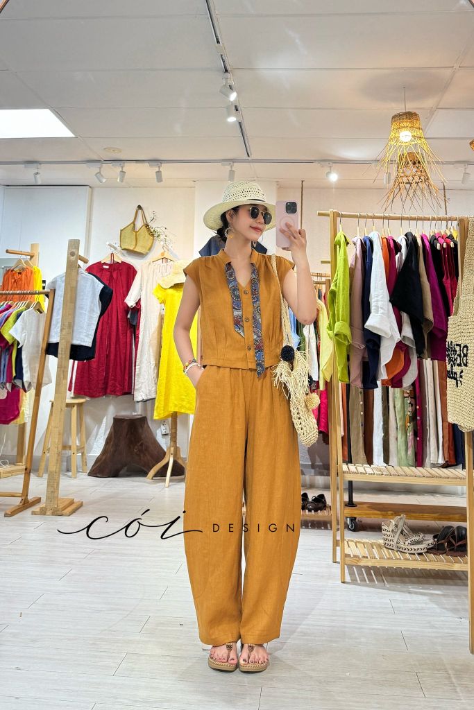 Áo sơ mi phối dây họa tiết linen tưng Cói Design