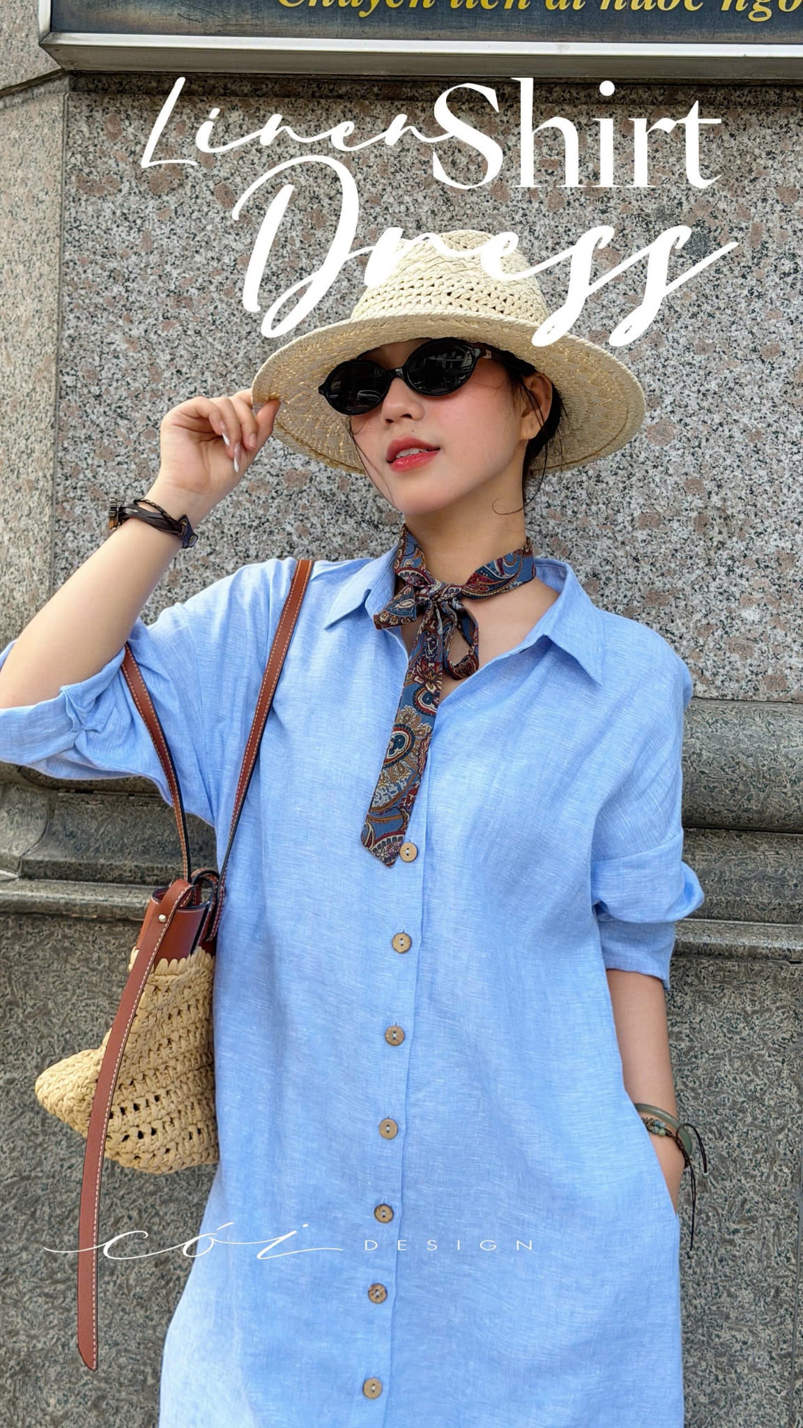 Đầm sơ mi tay dài vạt bầu linen tưng premium Cói Design