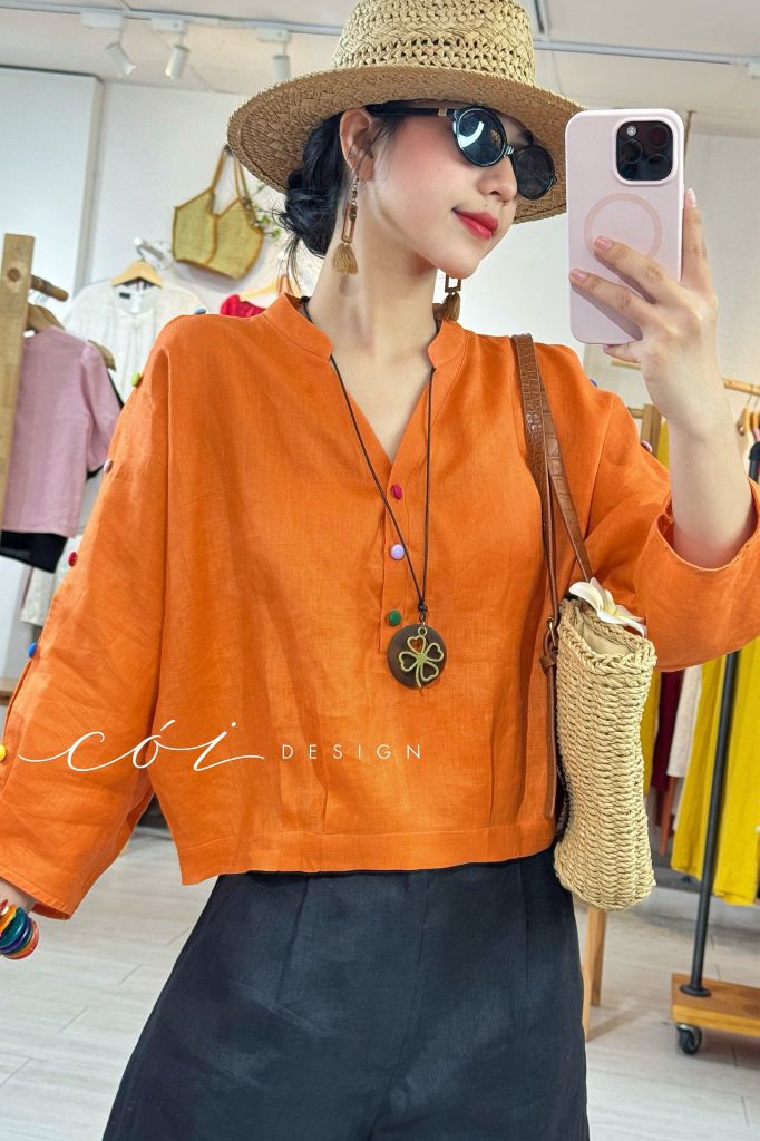 Áo cổ trụ 19 nút bọc màu Linen tưng premium Cói Design