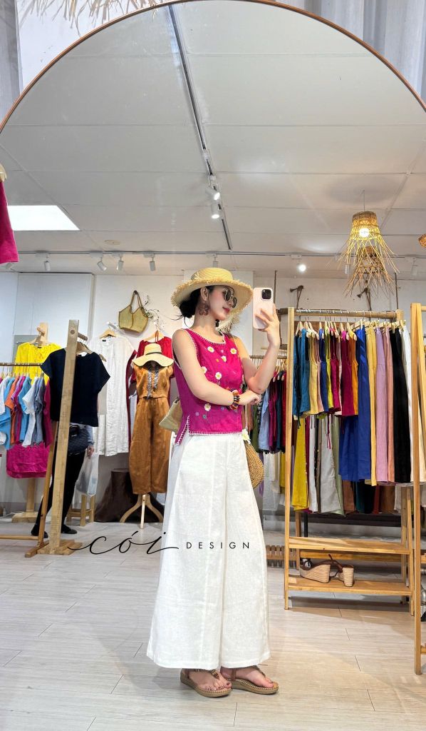 Áo sát nách thêu tay hoa rơi viền sò linen tưng premium Cói Design