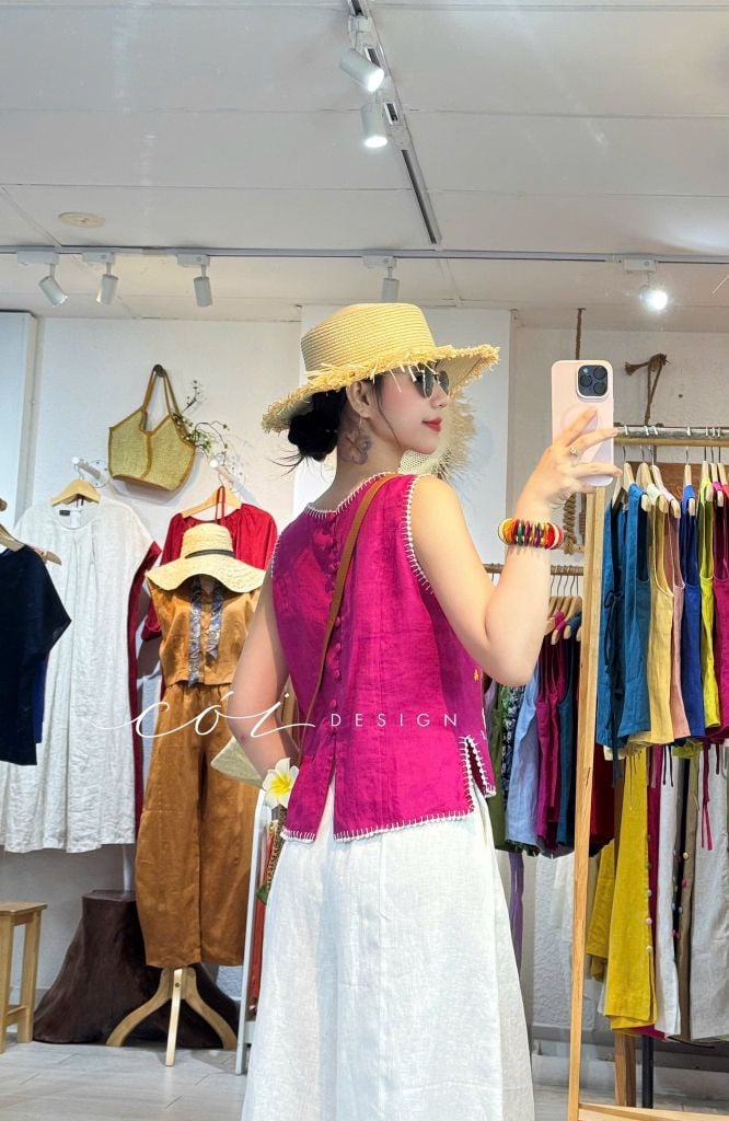 Áo sát nách thêu tay hoa rơi viền sò linen tưng premium Cói Design