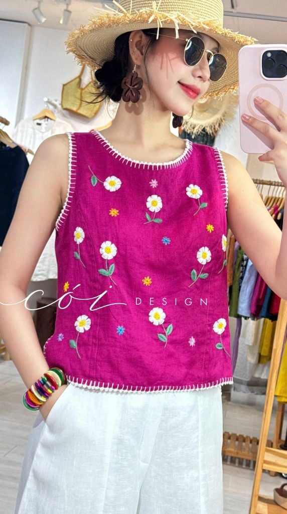 Áo sát nách thêu tay hoa rơi viền sò linen tưng premium Cói Design