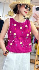 Áo sát nách thêu tay hoa rơi viền sò linen tưng premium Cói Design