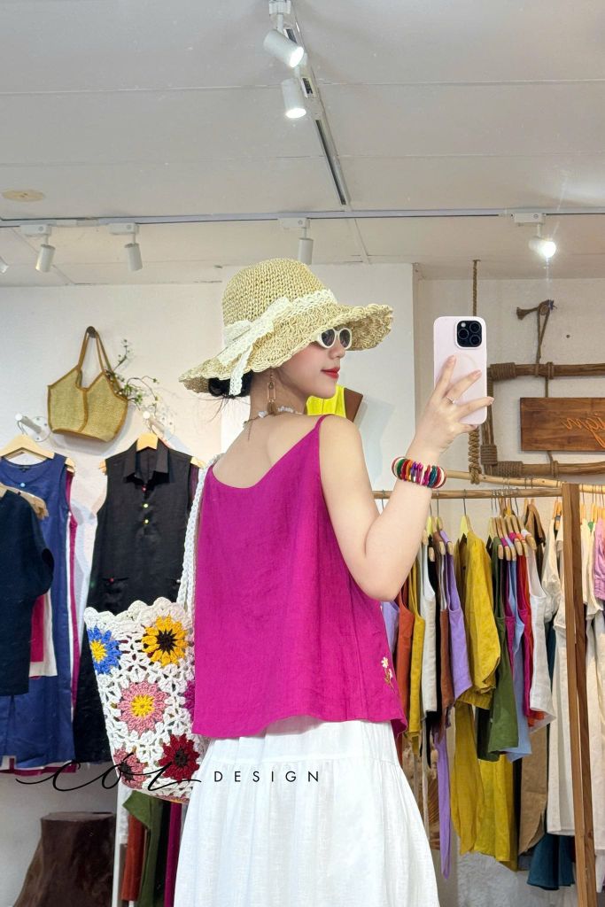 Áo 2 dây thêu hoa rơi linen tưng premium Cói Design