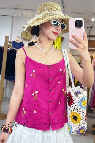 Áo 2 dây thêu hoa rơi linen tưng premium Cói Design