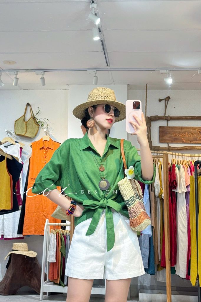 Áo sơ mi thắt nơ linen tưng premium Cói Design