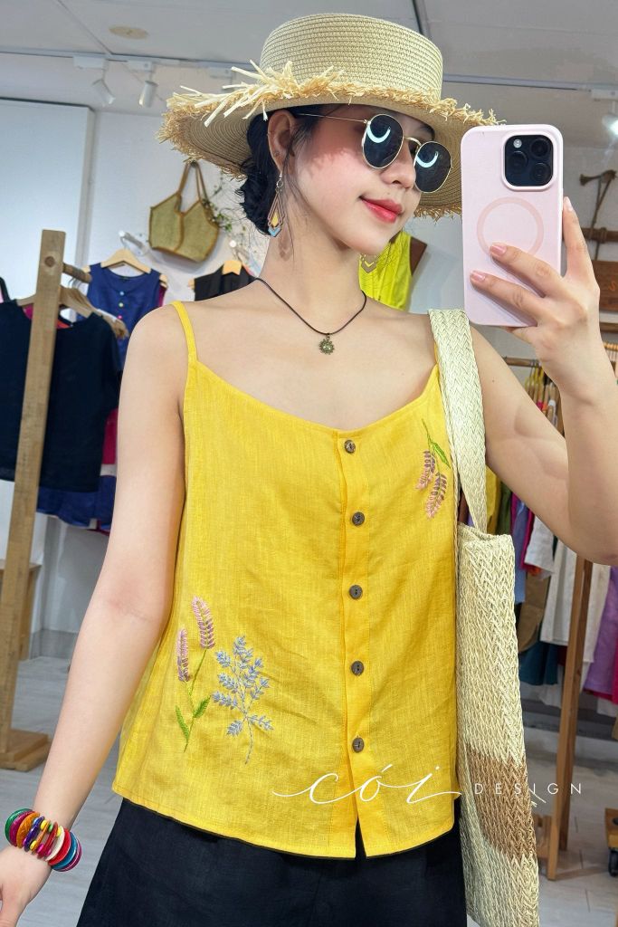 Áo 2 dây thêu hoa linen tưng premium Cói Design