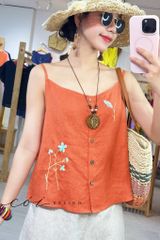 Áo 2 dây thêu hoa linen tưng premium Cói Design