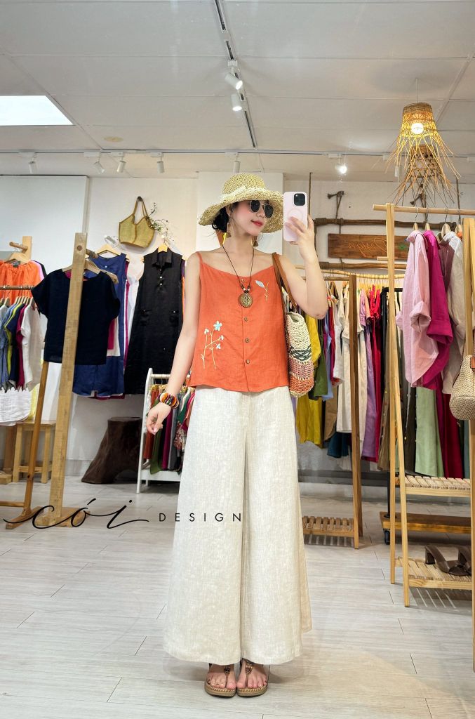 Áo 2 dây thêu hoa linen tưng premium Cói Design