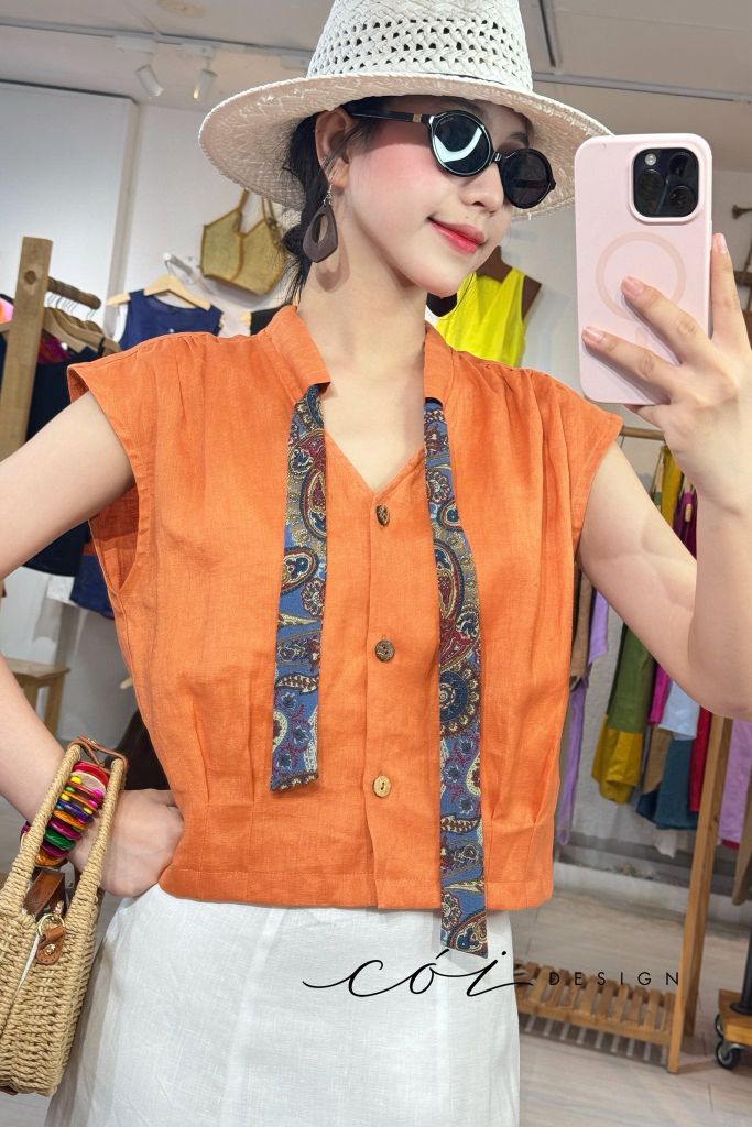 Áo sơ mi phối dây họa tiết linen tưng Cói Design