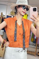 Áo sơ mi phối dây họa tiết linen tưng Cói Design