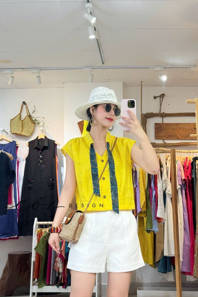 Áo sơ mi phối dây họa tiết linen tưng Cói Design
