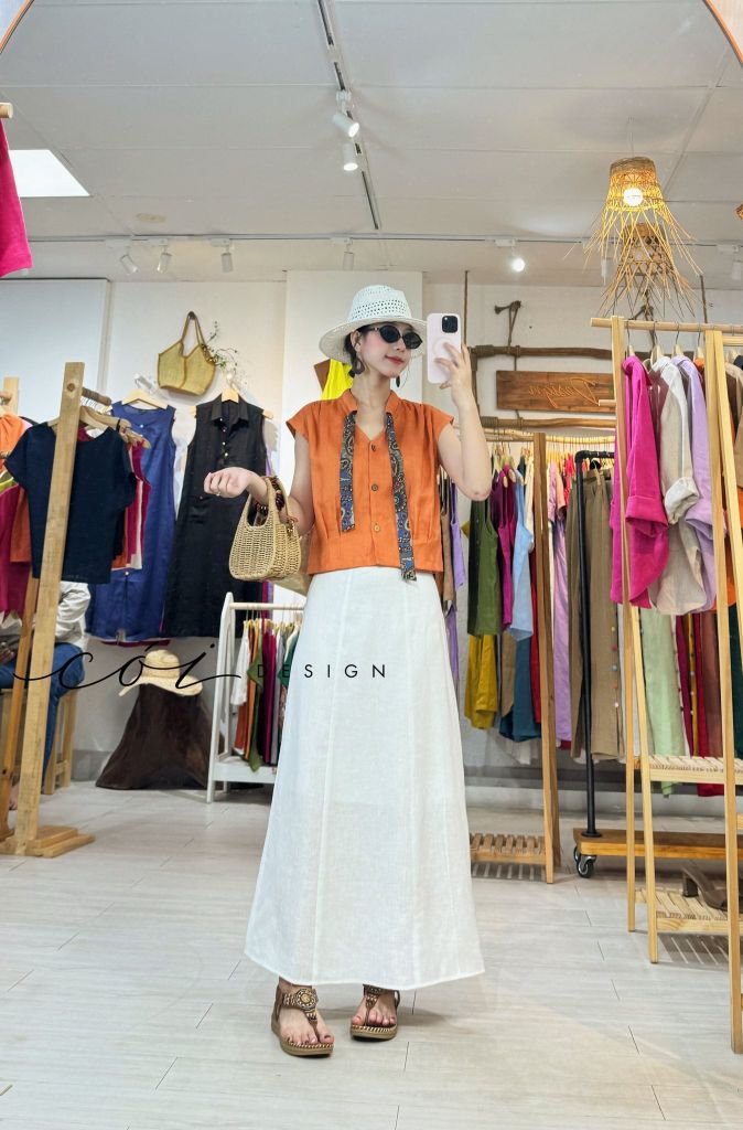 Áo sơ mi phối dây họa tiết linen tưng Cói Design