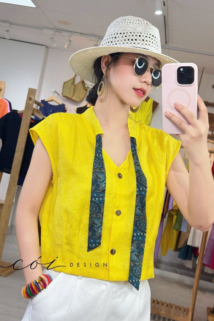 Áo sơ mi phối dây họa tiết linen tưng Cói Design