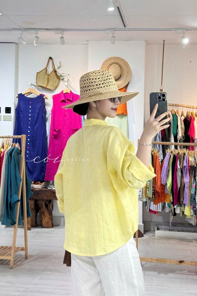 Áo cổ sơ mi 3 nút tay dài linen tưng premium Cói Design