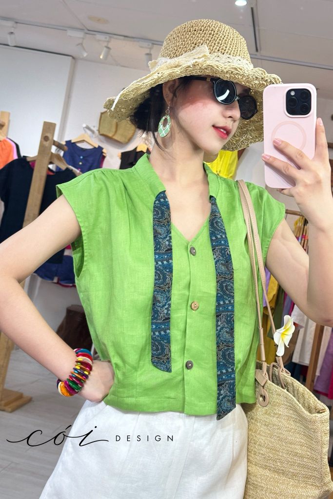 Áo sơ mi phối dây họa tiết linen tưng Cói Design
