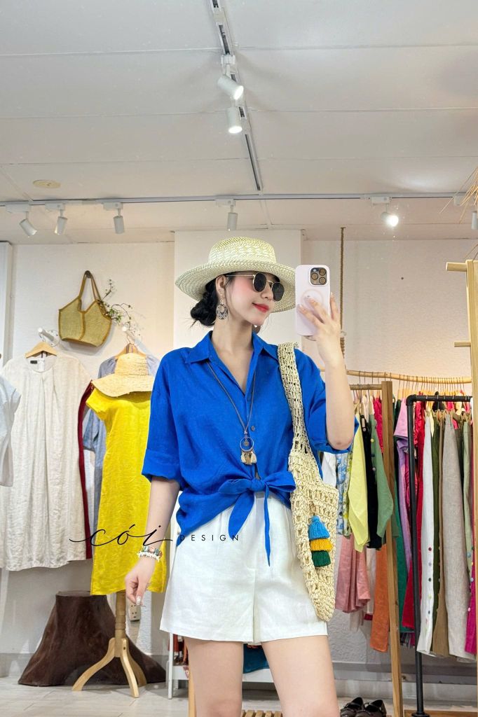 Áo sơ mi thắt nơ linen tưng premium Cói Design