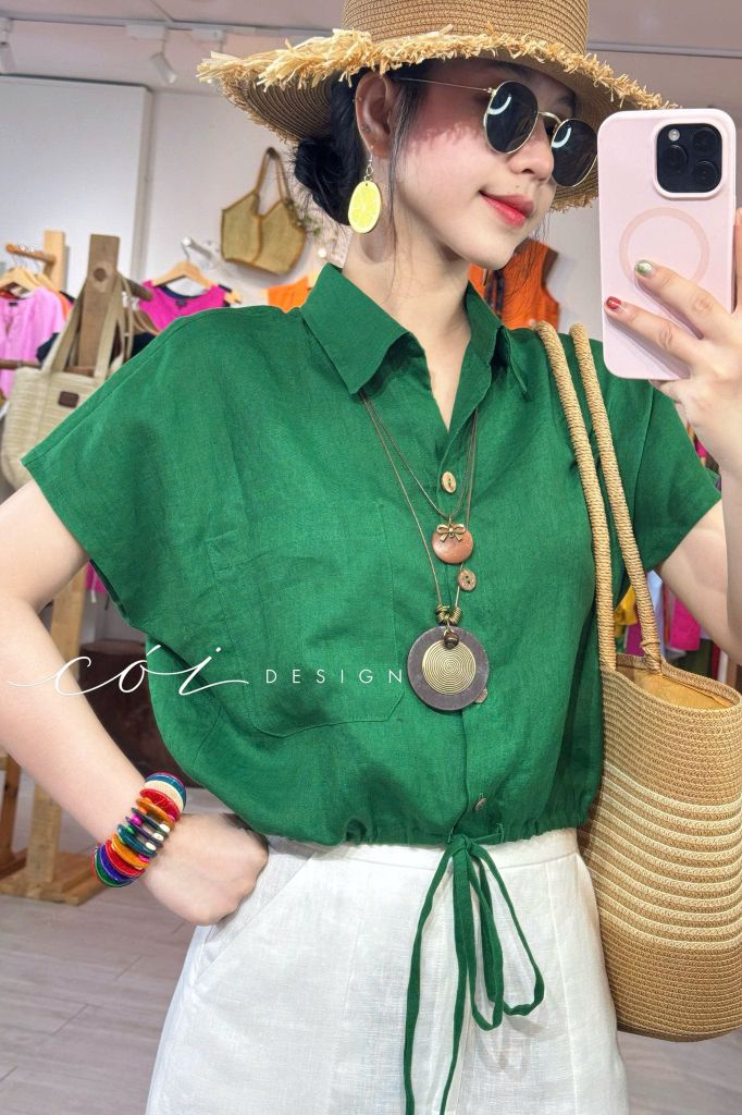 Áo sơ mi croptop rút dây linen tưng Cói Design