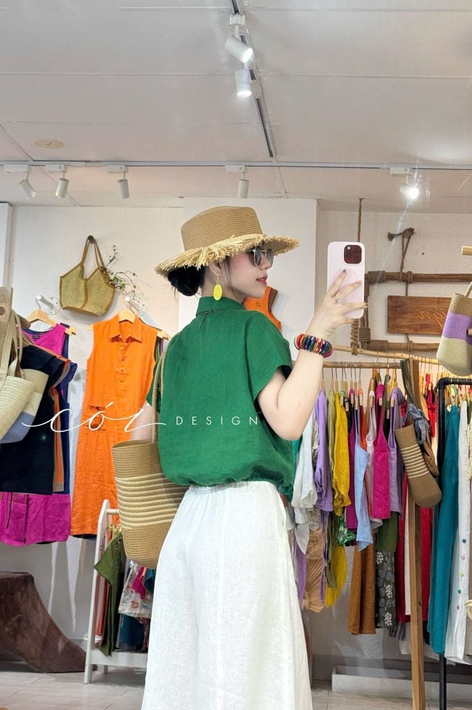 Áo sơ mi croptop rút dây linen tưng Cói Design