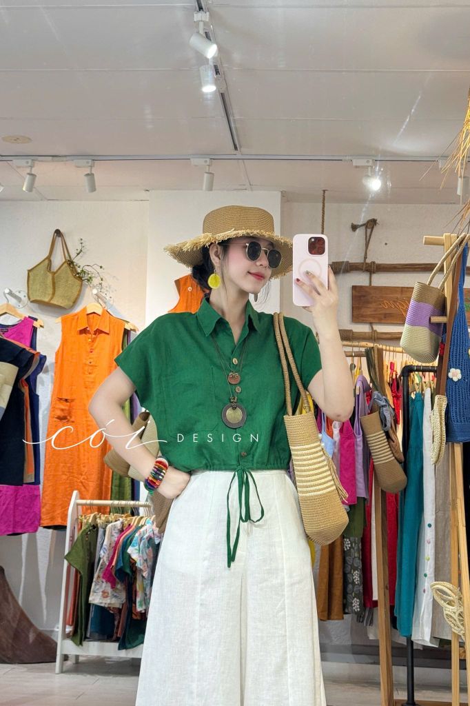 Áo sơ mi croptop rút dây linen tưng Cói Design