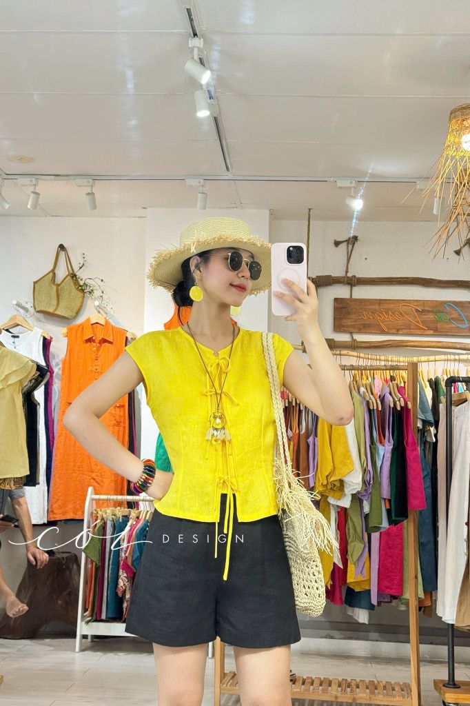 Áo cổ tròn phối nơ linen tưng premium Cói Design