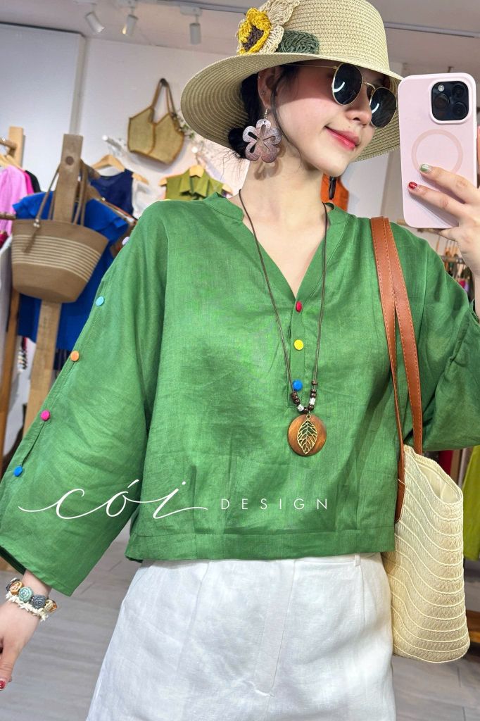 Áo cổ trụ 19 nút bọc màu Linen tưng premium Cói Design