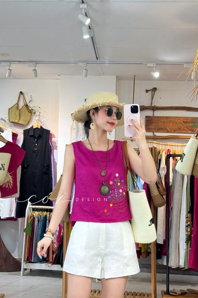 Áo thêu tay Giỏ Hoa Nhỏ ( khuy dây) Cói Design