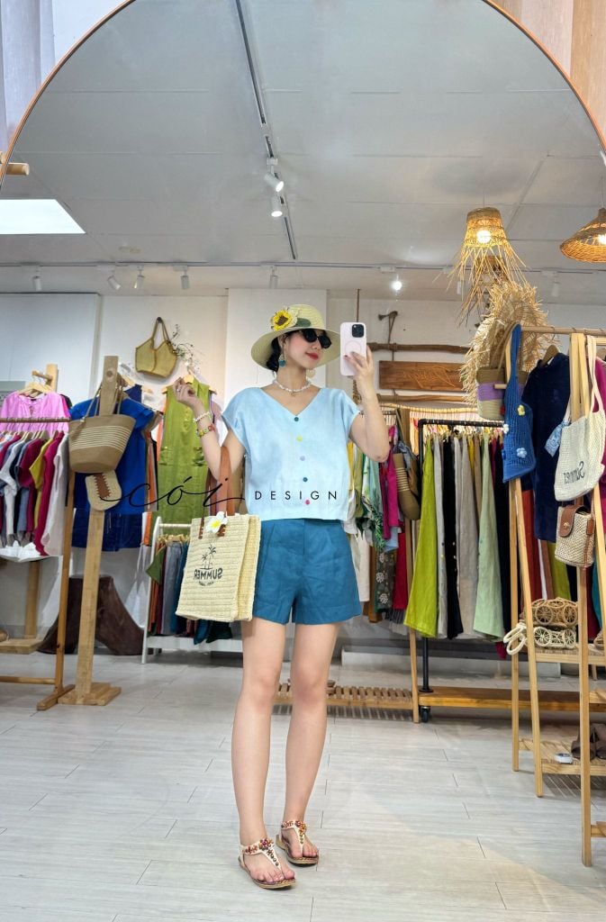 Áo tay xếp lưng đan dây chéo linen tưng premium Cói Design