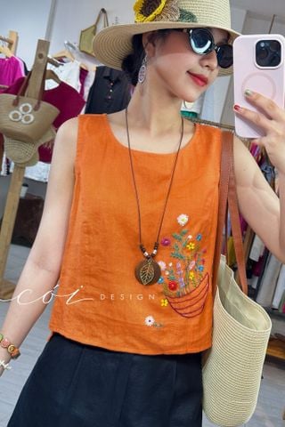 Áo thêu tay Giỏ Hoa Nhỏ ( khuy dây) Cói Design