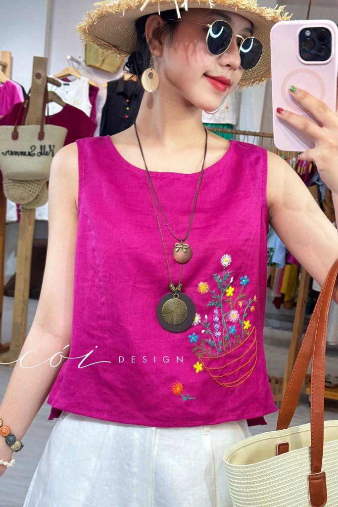 Áo thêu tay Giỏ Hoa Nhỏ ( khuy dây) Cói Design