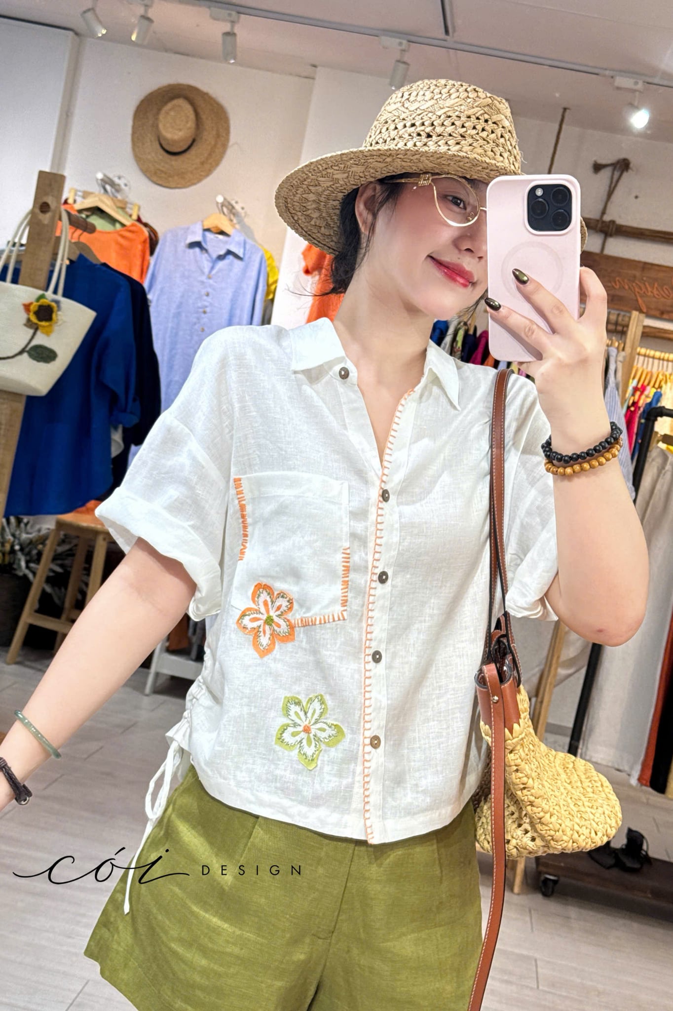 Áo sơ mi rút dây sườn phối hoa handmade linen tưng Cói Design