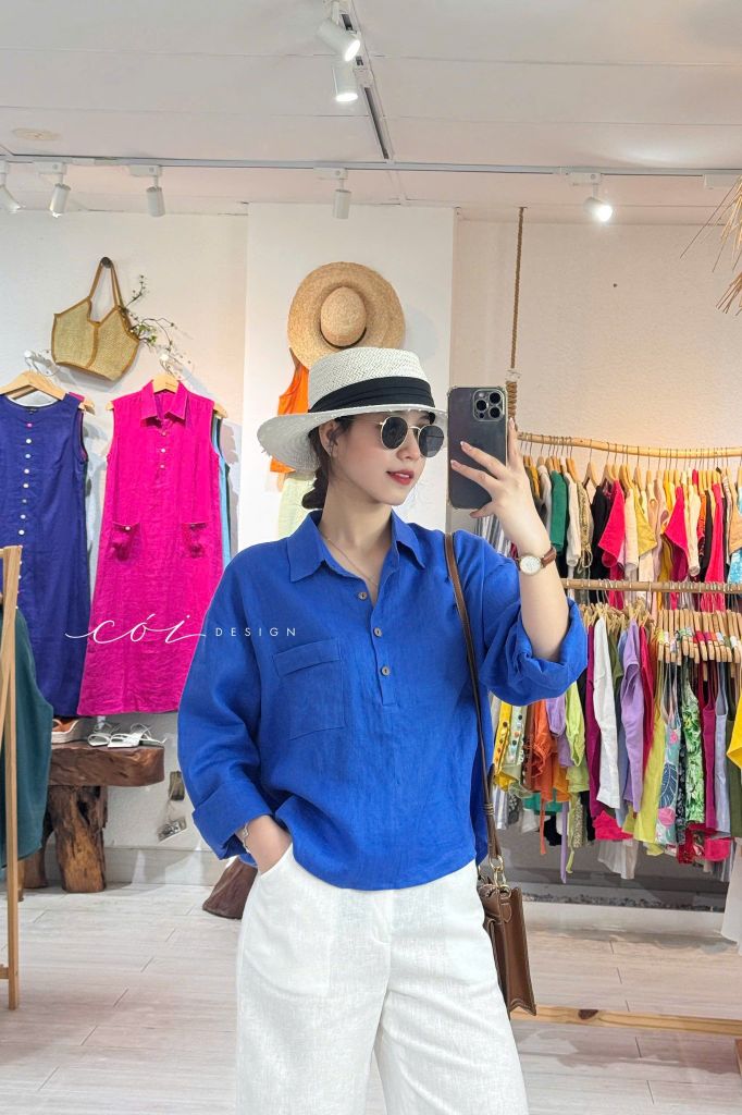 Áo cổ sơ mi 3 nút tay dài linen tưng premium Cói Design