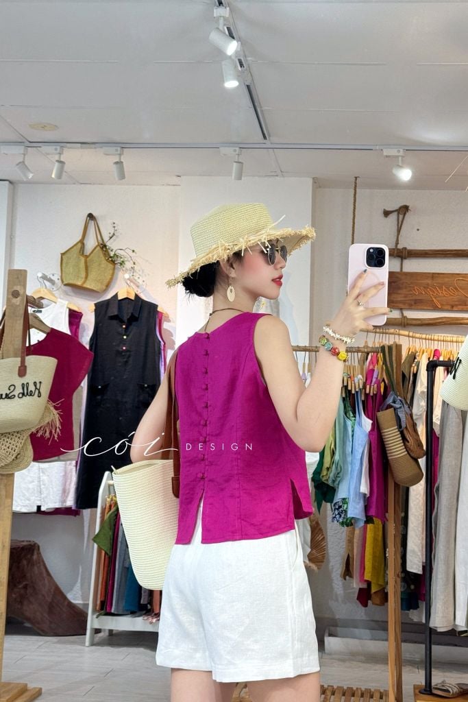 Áo thêu tay Giỏ Hoa Nhỏ ( khuy dây) Cói Design