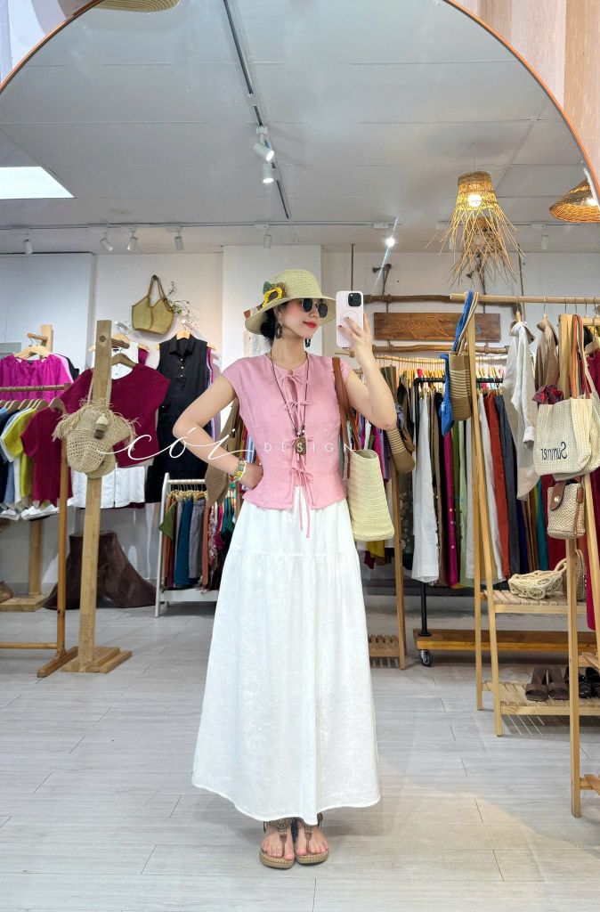 Áo cổ tròn phối nơ linen tưng premium Cói Design