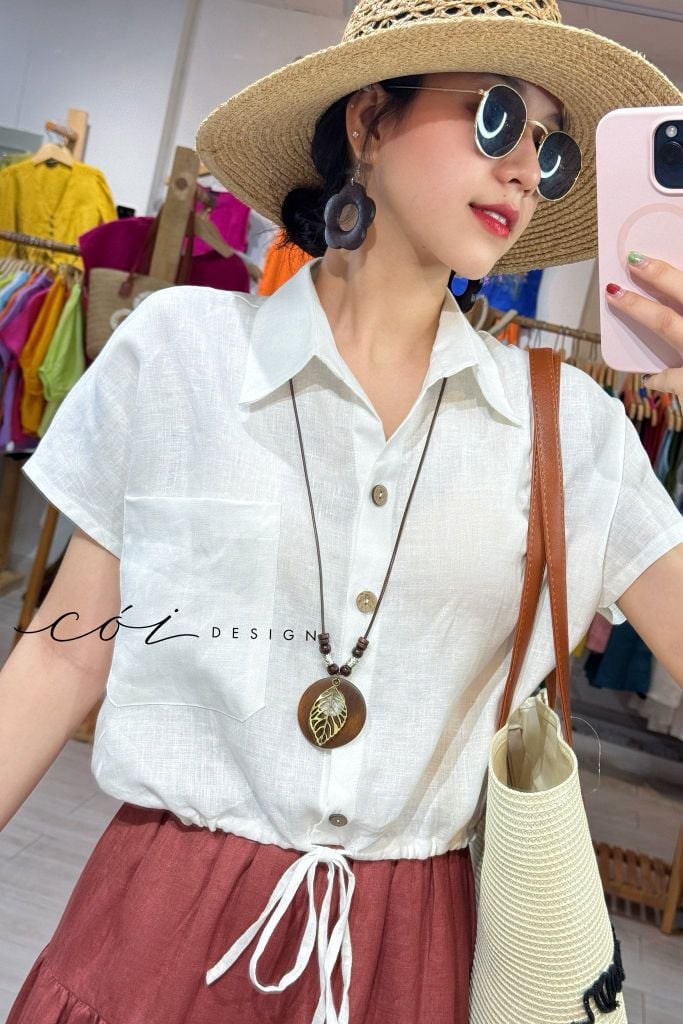 Áo sơ mi croptop rút dây linen tưng Cói Design