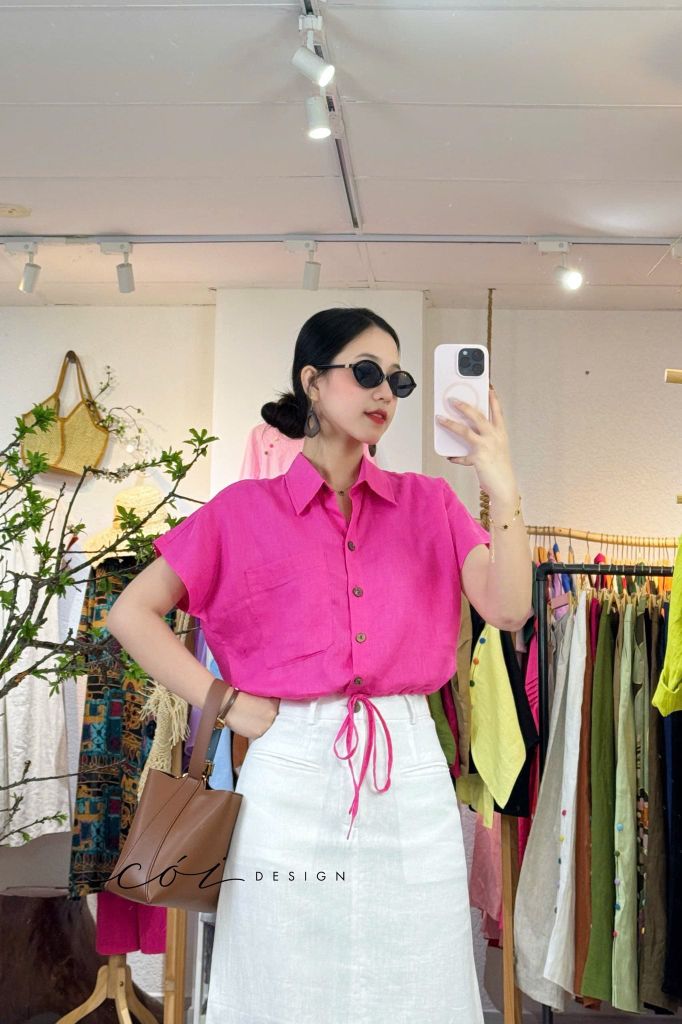 Áo sơ mi croptop rút dây linen tưng Cói Design