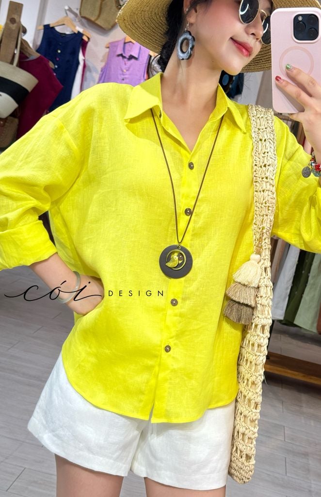 Áo sơ mi form suông phối nút lưng linen tưng premium Cói Design