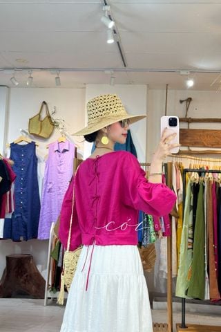 Áo tay phồng phối nơ lưng linen tưng premium Cói Design