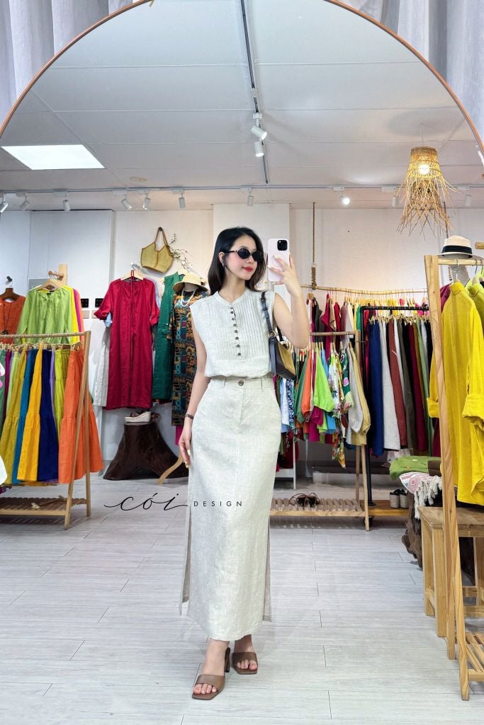 Áo sát nách xếp ly cổ trụ linen tưng premium Cói Design