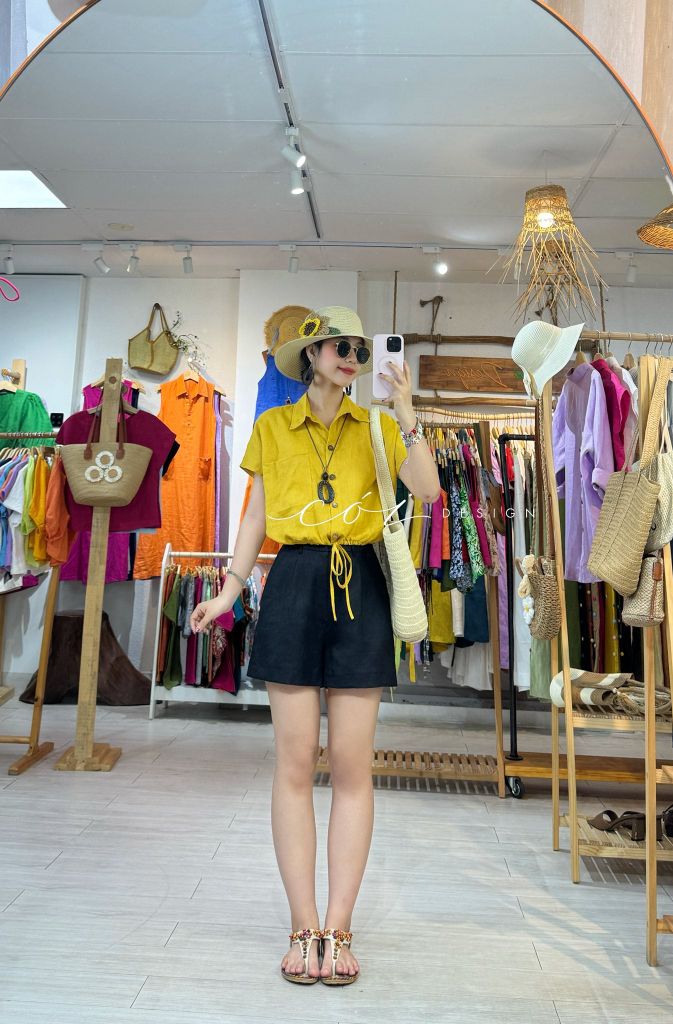 Áo sơ mi croptop 1 túi linen tưng premium Cói Design