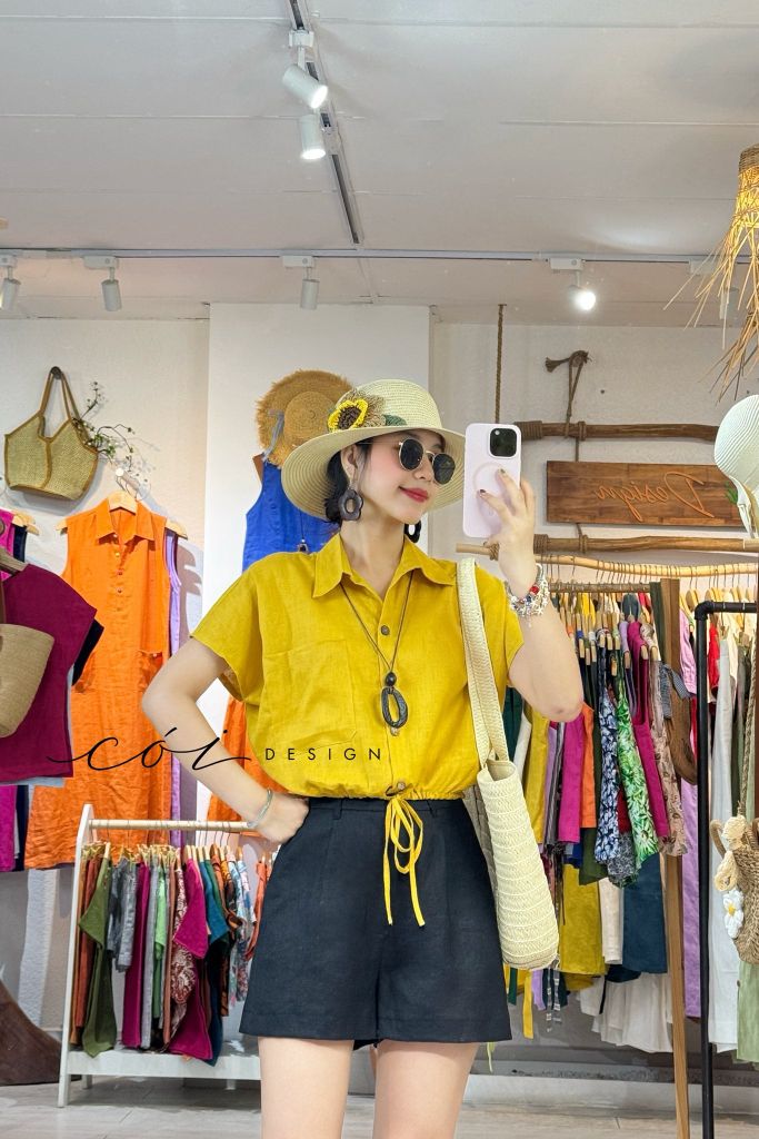 Áo sơ mi croptop 1 túi linen tưng premium Cói Design