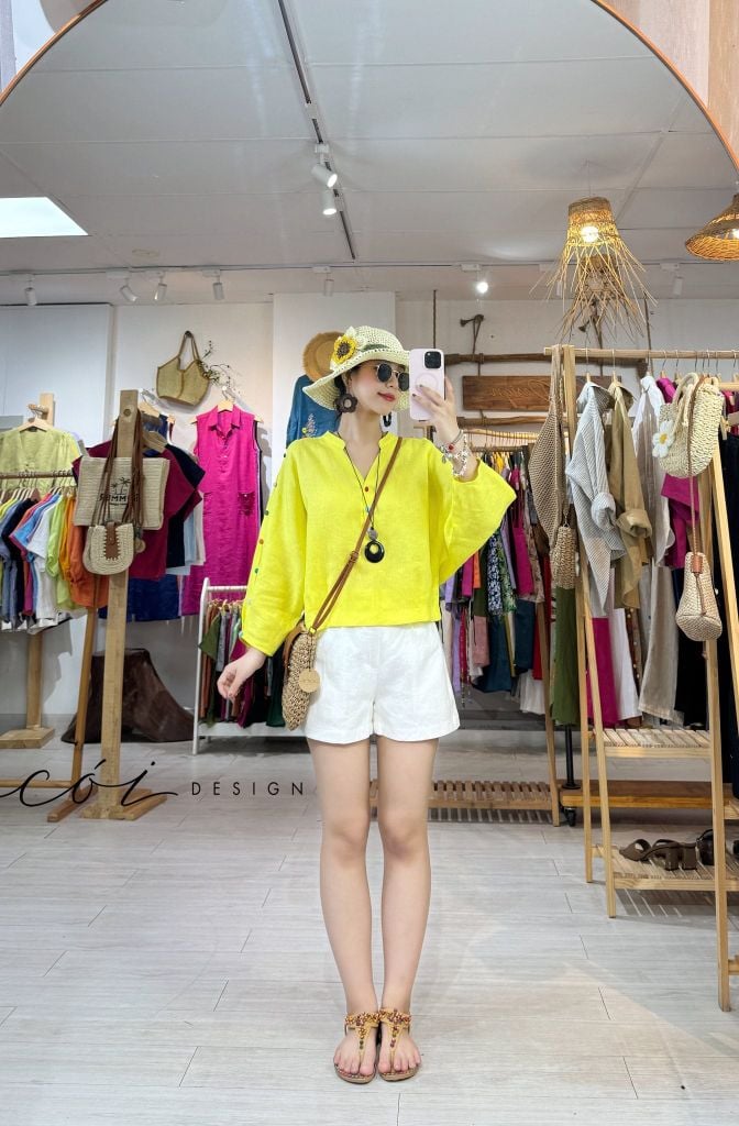 Áo cổ trụ 19 nút bọc màu Linen tưng premium Cói Design