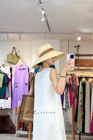 Đầm nút bọc màu thêu hoa chuồn chuồn linen tưng Cói Design