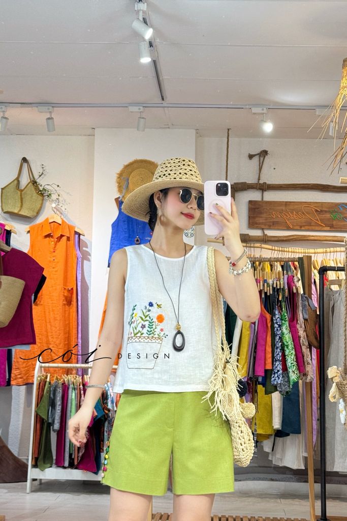 Quần short nút bọc màu linen Hàn Cói Design