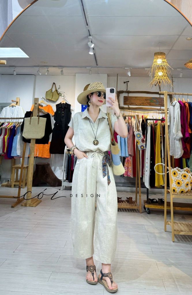Áo cổ sơ mi phối dây linen tưng premium Cói Design