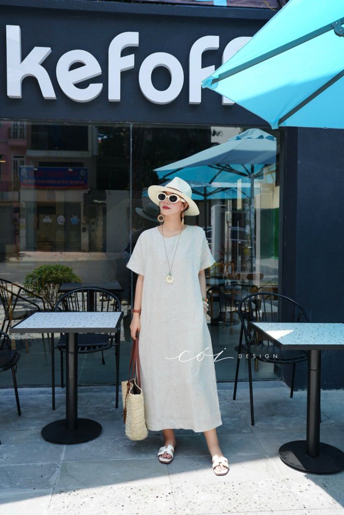 Đầm suông nút bọc màu kèm belt linen tưng premium Cói Design