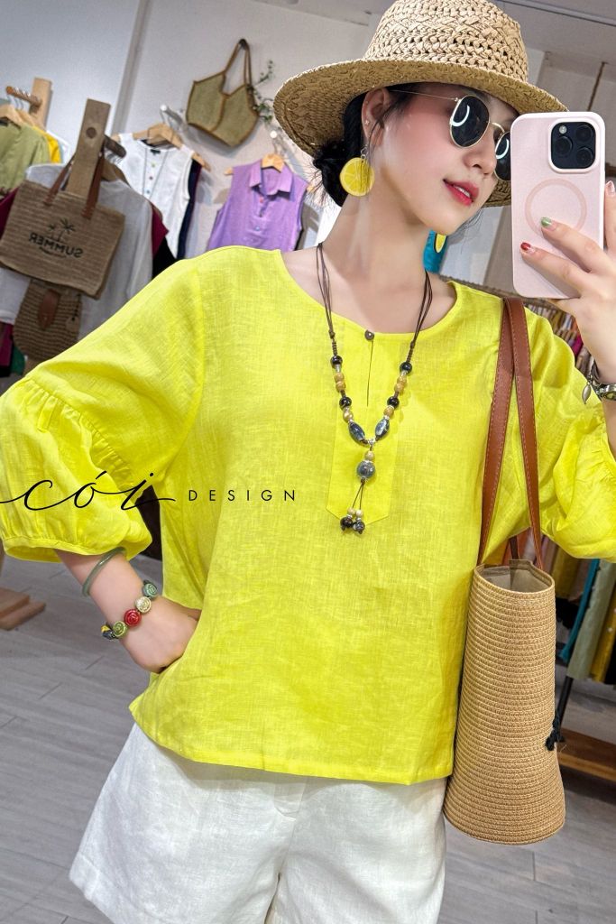 Áo cổ tròn tay nhún lồng đèn linen tưng premium Cói Design