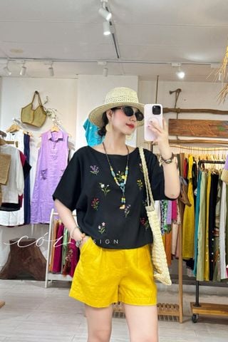 Áo cổ thuyền thêu hoa linen Hàn Cói Design